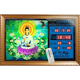 Mua Đồng hồ Lịch Vạn Niên tranh đèn treo tường hiệu Cát Tường_tranh Quan Thế Âm Bồ Tát 55640_KT 55x35x7cm_Có 2 loại (Không remote đèn và Có remote đèn)