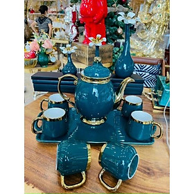 Mua Uống trà  ấm chén kèm khay màu trắng Vàng  sứ xương cao cấp quà tặng ý nghĩa