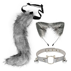 Ears and Long Tail Set Faux Plush Hair Hoop for Halloween Christmas Carnival