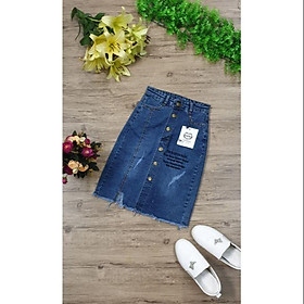 Chân Váy Jeans Nữ Xanh Khuy Thêu Chữ
