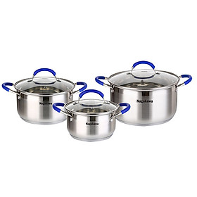 Bộ 3 Nồi Inox Cao Cấp 5 Đáy Quai Silicon Chống Bỏng Nagakawa NAG1302 (size 16cm, 20cm, 24cm) Dùng Cho Mọi Loại Bếp - Hàng Chính Hãng