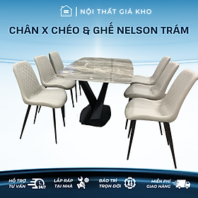 Bộ bàn ăn mặt đá phiến ceramic bóng chân chéo chữ X kết hợp ghế Nelson trám đẹp hiện đại