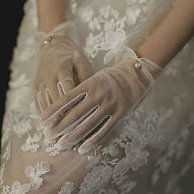 Găng tay trong suốt màu trắng thời trang cho Cô dâu và Dạ hội, đi tiệc, sự kiện, lễ hội, chụp ảnh MS: 43146