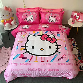 Bộ Chăn Ga Gối Cotton Lụa Họa Hình Kitty Hồng