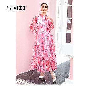 Đầm midi chiffon hoa đào dài tay thời trang nữ SIXDO