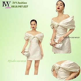 Đầm váy thiết kế gấm hoa cao cấp trắng hai dây trễ vai xòe chữ A nơ ngực ivy.fashion đi biển dự tiệc dạo phố