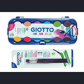 Combo màu nước Giotto Colour Blocks Acquarelli. Hộp 12 viên màu nước (Ý) ( SL=1 vỉ) và Vỉ 3 chổi vẽ GIOTTO 400 số 3,4,5 (SL=1 vỉ)