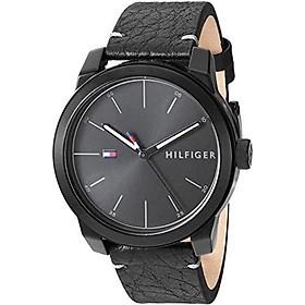 Tommy Hilfiger Men's Quartz Watch with Leather Calfskin Strap, Black, 19.5 (Model: 1791384)