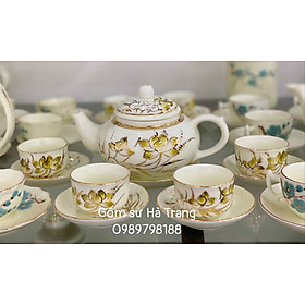 Mua Bộ ấm chén gốm sứ Bát Tràng cao cấp vẽ vàng hoạ tiết sen phú quý dung tích 400m