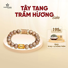 Vòng tay Trầm Hương Tây Tạng khắc chữ Om Mani Padme Hum mix trụ trúc bọc vàng 18K - Trầm Tốc Việt Nam tự nhiên, thơm dịu - Thiên Mộc Hương