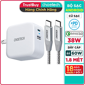Mua Bộ Củ Sạc Nhanh CHOETECH 38W PD5002 Và Cáp C to C 60W Dài 1.8M CC0005-SR Cho Điện Thoại Samsung  Oppo  Vivo  Xiaomi - Hàng Chính Hãng