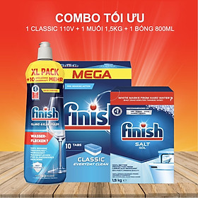 Combo muối rửa bát Finish 1,5kg+viên rửa bát Finish 120 viên+Nước làm bóng bát chén finish 800ml