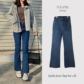 Quần Jean Ống Loe Flared Jean Lưng Cao Màu Xanh Gấu Cắt Co Giãn TULIDU Quần Bò Ống Loe #T83