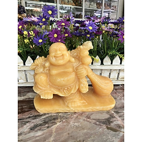 Mua Tượng Phật Di Lặc gánh đào kéo bao tiền đá ngọc hoàng long để bàn làm việc - Dài 18 cm