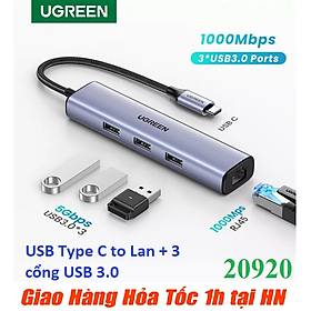 Cáp Chuyển USB-C to LAN 100/1000Mbps Kèm HUB 3 Cổng USB 3.0 Ugreen 20920 - Hàng Chính hãng