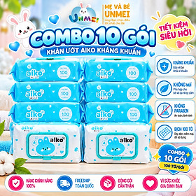 Combo 10 Gói Khăn Ướt Aiko Kháng Khuẩn 100 tờ/Gói không hương màu Xanh
