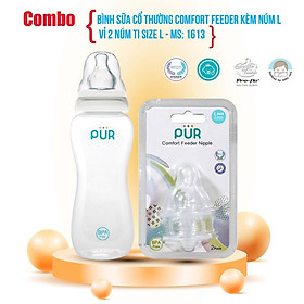 Combo bình sữa cổ thường Pur Comfort Feeder 250ml kèm núm + vỉ 2 núm 1613 size L