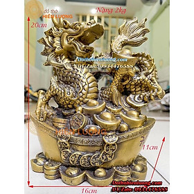 Tượng Rồng Cầm Quan Tiền Nằm Đế Thỏi Vàng Bằng Đồng Nguyên Chất Kích Thước 16x11x20cm, Nặng 2kg Đẹp