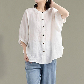 ️Có Big Size️ Áo Sơ Mi Đũi Trơn Nhiều Màu, Mẫu Áo Sơ Mi Nữ Cổ Tròn Vintage Chất Đũi Mềm, Phù Hợp Mọi Độ Tuổi