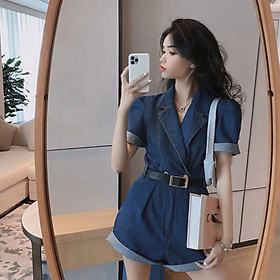 ĐẦM QUẦN JUMPSUIT JEANS DENIM SUÔNG TRƠN CỔ V SƠ MI ĐỒ BAY + DÂY NỊT ĐI BIỂN DẠO PHỐ ĐI CHƠI DỰ TIỆC