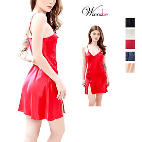 Đầm ngủ lụa WANNABE DNS59 váy ngủ xẻ đùi viền ren khoe chân dài quý phái sang trọng