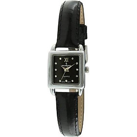 Peugeot Women's Small Square Case Crystal Marker Genuine Leather Strap Watch