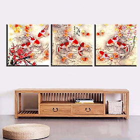 Tranh ghép treo tường Cửu ngư đồ dưới hoa anh đào kt 60*60cm*3 T319