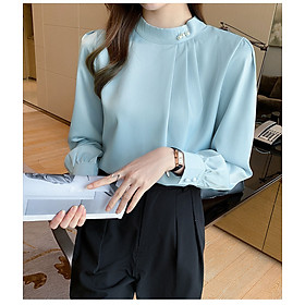 Áo sơ mi xếp 3 li kết ngọc tay dài