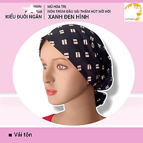 Nón hóa trị vải mềm mát, hút mồ hôi, bệnh nhân ung thư, chemo hat, nón trùm đầu [KIỂU ĐUÔI NGẮN-XANH ĐEN HÌNH] 