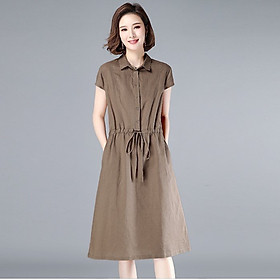 Đầm suông nữ vải đũi mềm mại, thiết kế tay ngắn rút eo, 2 túi sườn, phong cách ulzzang Hàn Quốc AH70