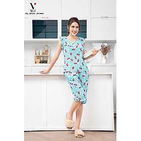 Bộ đồ mặc nhà nữ lanh (tole) Vicci BN181 thiết kế áo tay ngắn nhún bèo cách điệu phối quần lửng in họa tiết