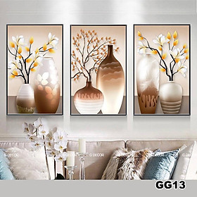 Tranh treo tường canvas 3 bức phong cách hiện đại Bắc Âu 99, tranh bình hoa trang trí phòng khách, phòng ngủ, phòng ăn