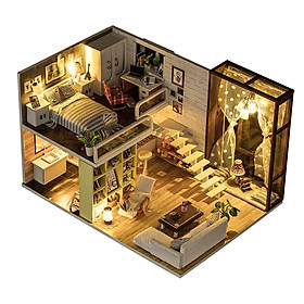 Ngôi nhà búp bê bằng gỗ 3D thu nhỏ với đồ nội thất và đèn LED-Màu Nhiều màu-Size Không có Bụi che