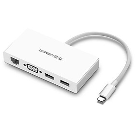 Ugreen UG40378MM135TK 15CM màu Trắng Bộ chuyển đổi TYPE C sang 2 USB 3.0 + VGA + LAN bọc nhựa ABS - HÀNG CHÍNH HÃNG