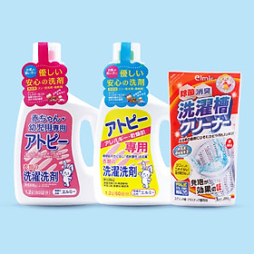 Combo gia đình Elmie - Nước giặt quần áo Elmie dành cho da dị ứng 1200ml + Nước giặt quần áo Elmie không chất phụ gia dành cho trẻ 1200ml + Nước vệ sinh lồng máy giặt Elmie 350g