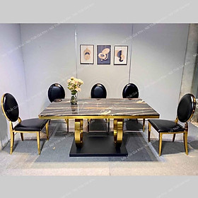Mua Bàn ăn mặt đá cẩm thạch nhân tạo cao cấp chân inox mạ vàng kết hợp ghế Louis khung thép mạ vàng