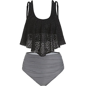 Perforated Flounce Floral Striped Ruched Tankini Swimsuit