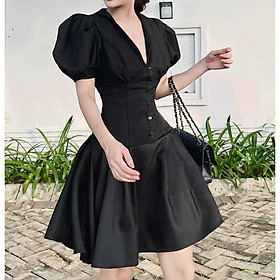 Đầm Dự Tiệc Dạo Phố Cổ Vest Phối Nút Tay Bồng Dáng Xòe nhẹ Xinh Xắn BY8323