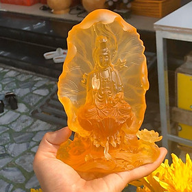 Mua Tượng Phật Bà Quan Thế Âm Bồ Tát ngồi đài sen cầu bình an đá lưu ly vàng đặt bàn làm việc  xe ôtô - Cao 16cm
