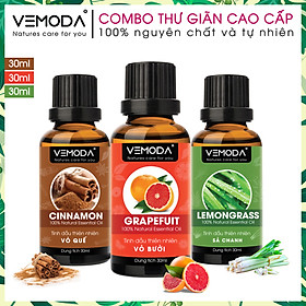 Tinh dầu xông phòng, combo thư giãn cao cấp gồm 3 chai tinh dầu nguyên chất: tinh dầu Vỏ bưởi HG (30ml) + tinh dầu Sả chanh (30ml) + tinh dầu Vỏ quế (30ml) Vemoda