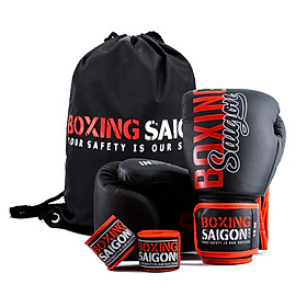 Combo Găng Tay Boxing Saigon + Băng Tay 4m5 (tặng túi rút) - Đen đỏ