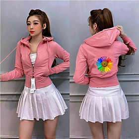 Áo khoác lửng nữ in hoa cúc tay dài có nón freesize 54kg