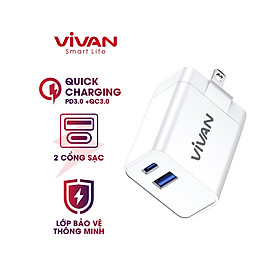 Mua Cốc Sạc Nhanh PD 25W 2 Cổng USB-A Type-C AC 100-240V VIVAN POWER 25U Hỗ Trợ Tự Ngắt Dòng Hàng Chính Hãng