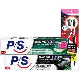 Combo 2 Kem Đánh Răng P/S Nha Đam-Mẫu Đơn 180g + Than Hoạt Tính 180g Và Bộ 2 Bàn Chải P/S Than Bạc