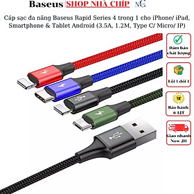 Cáp sạc đa năng Baseus Rapid Series 4 trong 1 cho iPhone/ iPad, Smartphone & Tablet Android (3.5A, 1.2M, Type C/ Micro/ IP , Fast charge 4 in 1 Cable)- Hàng chính hãng