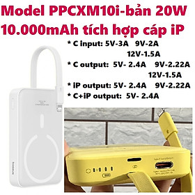 [30W - 10000mAh] Pin dự phòng không dây nam châm tích hợp cáp  C / ip hỗ trợ sạc nhanh Baseus PPCXM10T_ Hàng chính hãng