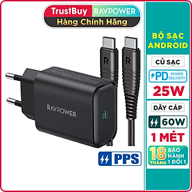 Mua Combo Củ Sạc Nhanh Type-C PPS 25W RAVPower RP-PC156-B và Cáp Type-C To C 60W Dài 1M RP-CB047-B Dành Cho Điện Thoại Android  Cho Samsung  Cho Vivo  Cho Oppo  Cho Xiaomi Và Máy Tính Bảng - Hàng Chính Hãng