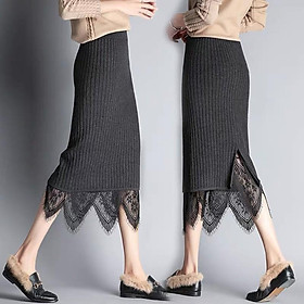 MS1003 Chân váy midi len xẻ tà phối ren mặc được 2 mặt
