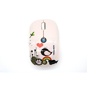 Chuột Máy Tính Không Dây Newmen F-201( Màu Hồng Phấn ) - Họa Tiết Chim Sơn Ca Dễ Thương - Hàng Chính Hãng