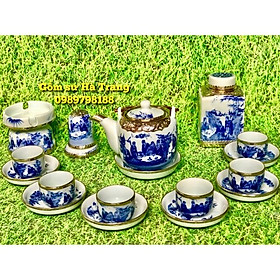 Bộ ấm chén trúc lâm thất hiền dáng vại bọc đồng đủ phụ kiện y hình